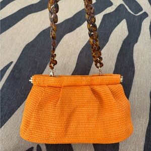 Orange Woven Shoulder Bag with Tortoiseshell Chain